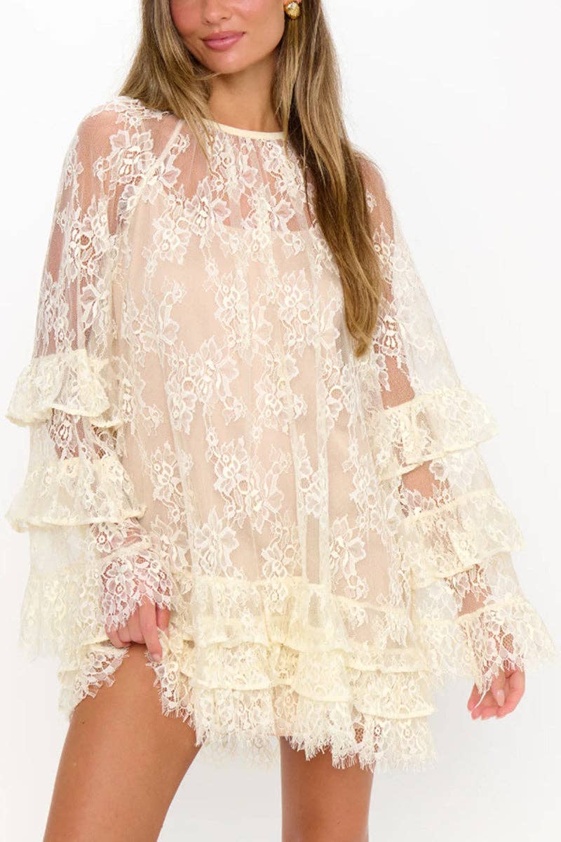 Floral Lace Bell Sleeve Mini Dress: WHITE
