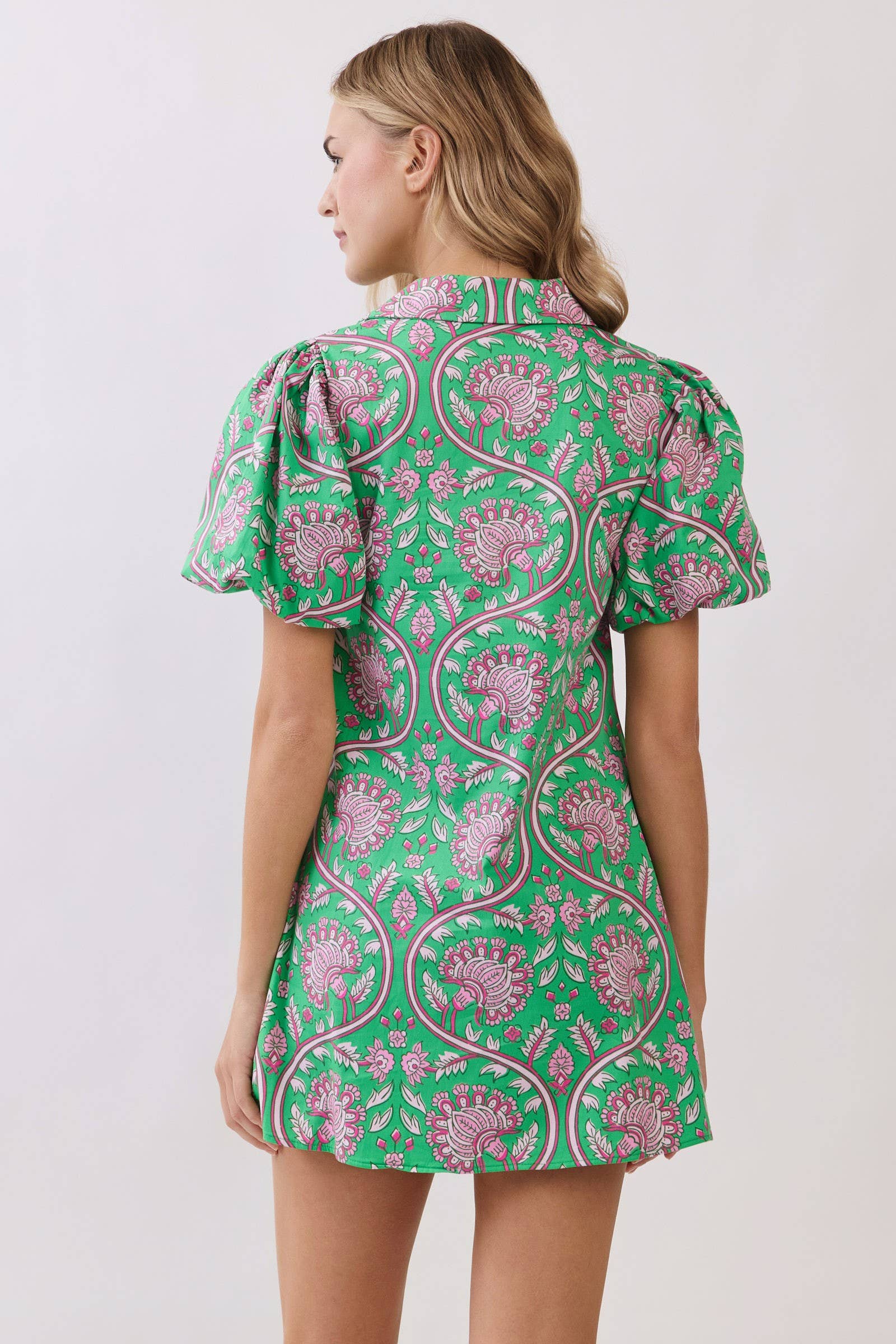 Paisley Print Puff Sleeve Mini Dress: Green