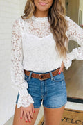 LAS Floral Lace Ruffled Flounce Sleeve Sheer Blouse White