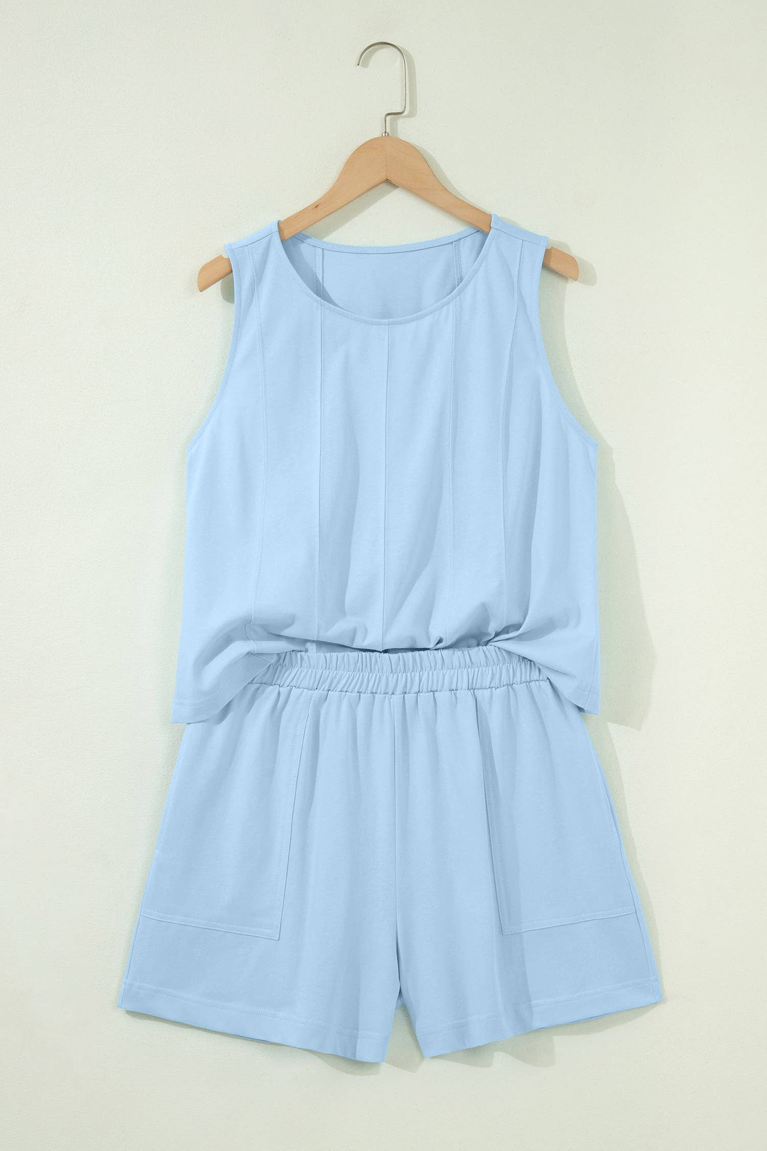 LAS Stitched Detail Loose Tank Top 2pcs Short Set Mist Blue