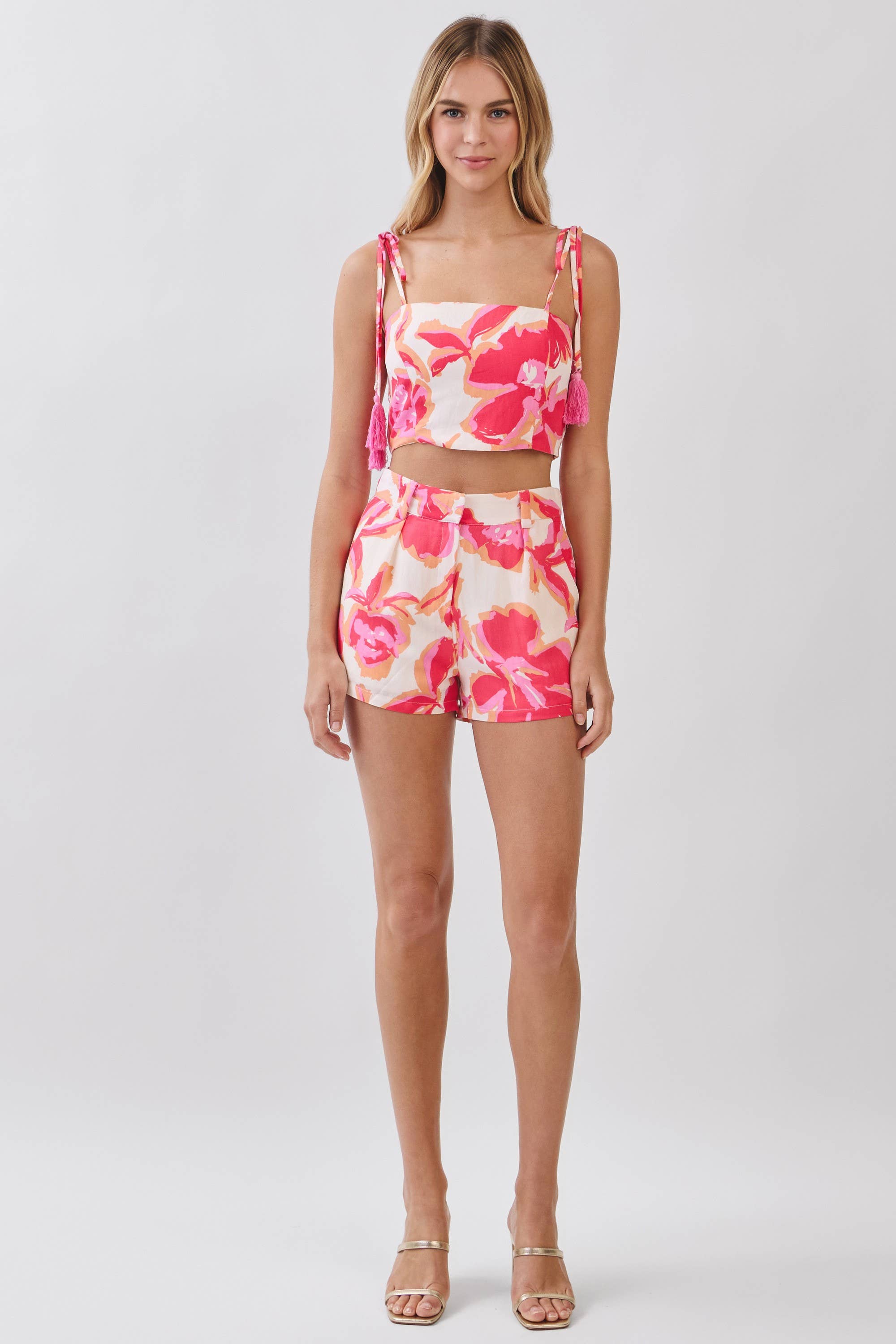 Floral Print Tassel Tie Top: Pink
