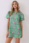 Paisley Print Puff Sleeve Mini Dress: Green