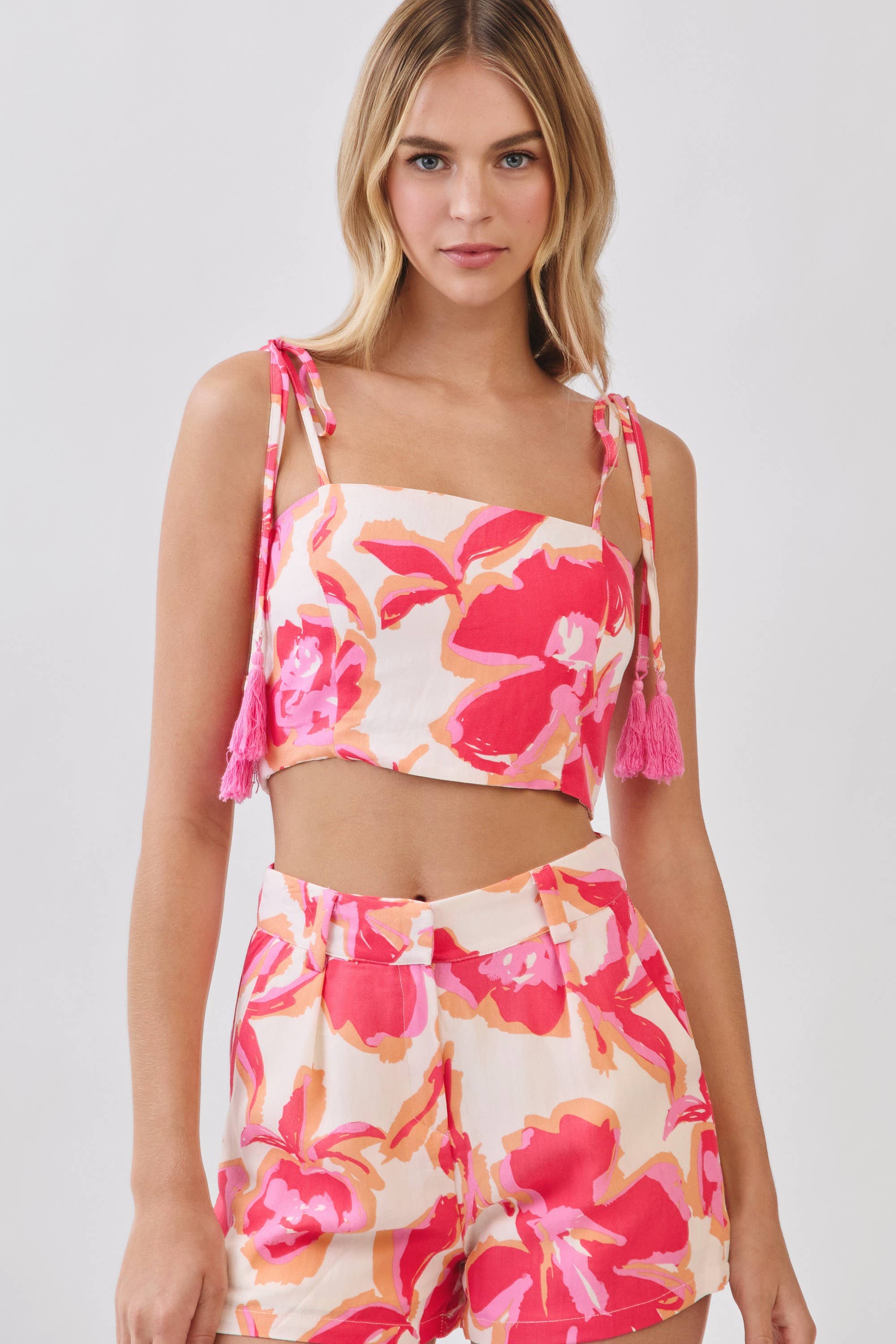 Floral Print Tassel Tie Top: Pink