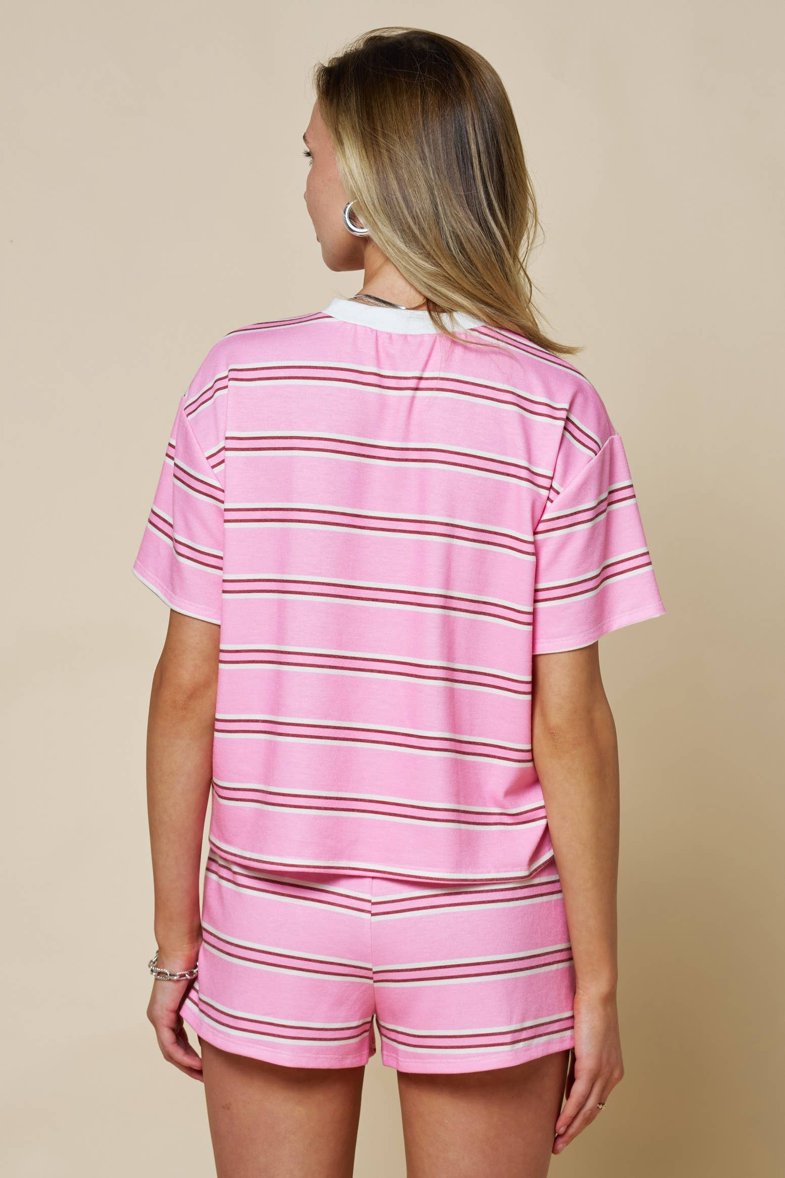 Multicolor Stripe Print Set : PINK-IVORY