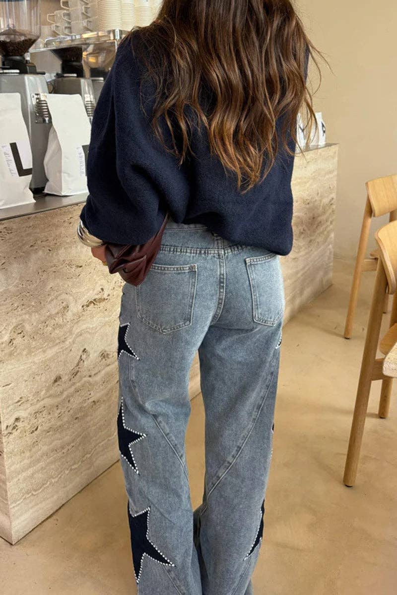 Star-Embellished Straight Jeans: BLUE