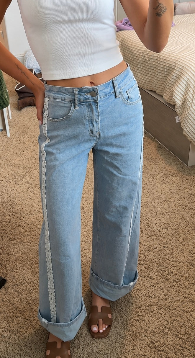 Lace Mid-High Rise Jeans