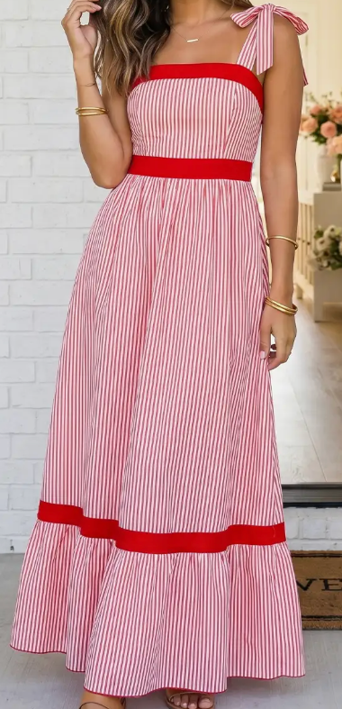 Dress - Striped Long Red Dress