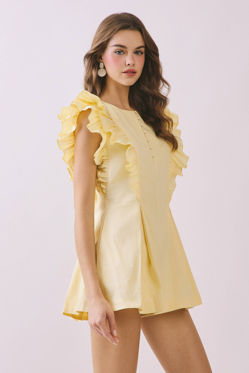 Layered Ruffle Detail Front Button Romper: Yellow
