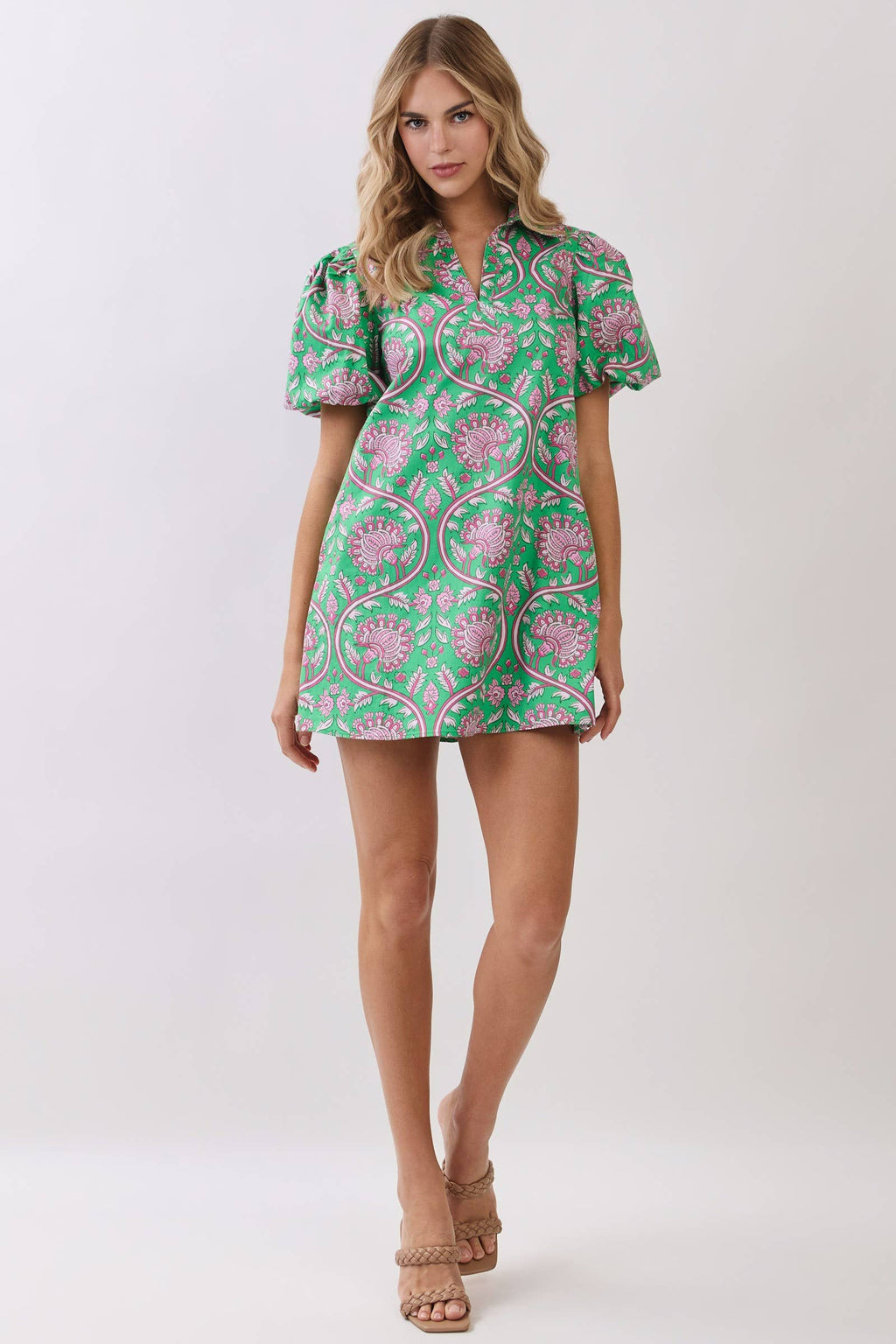 Paisley Print Puff Sleeve Mini Dress: Green