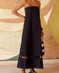 Fashion Solid Color Hollow Lace Trim Tube Top Dress: Black