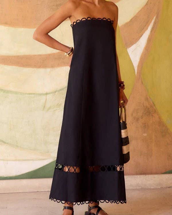 Fashion Solid Color Hollow Lace Trim Tube Top Dress: Black
