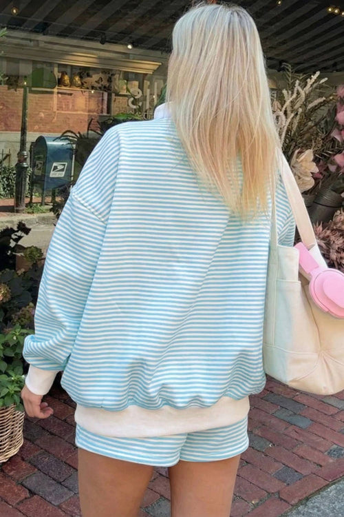 66Stripe Oversize Mock Neck Sweatshirt and Shorts Set Blue / Missy