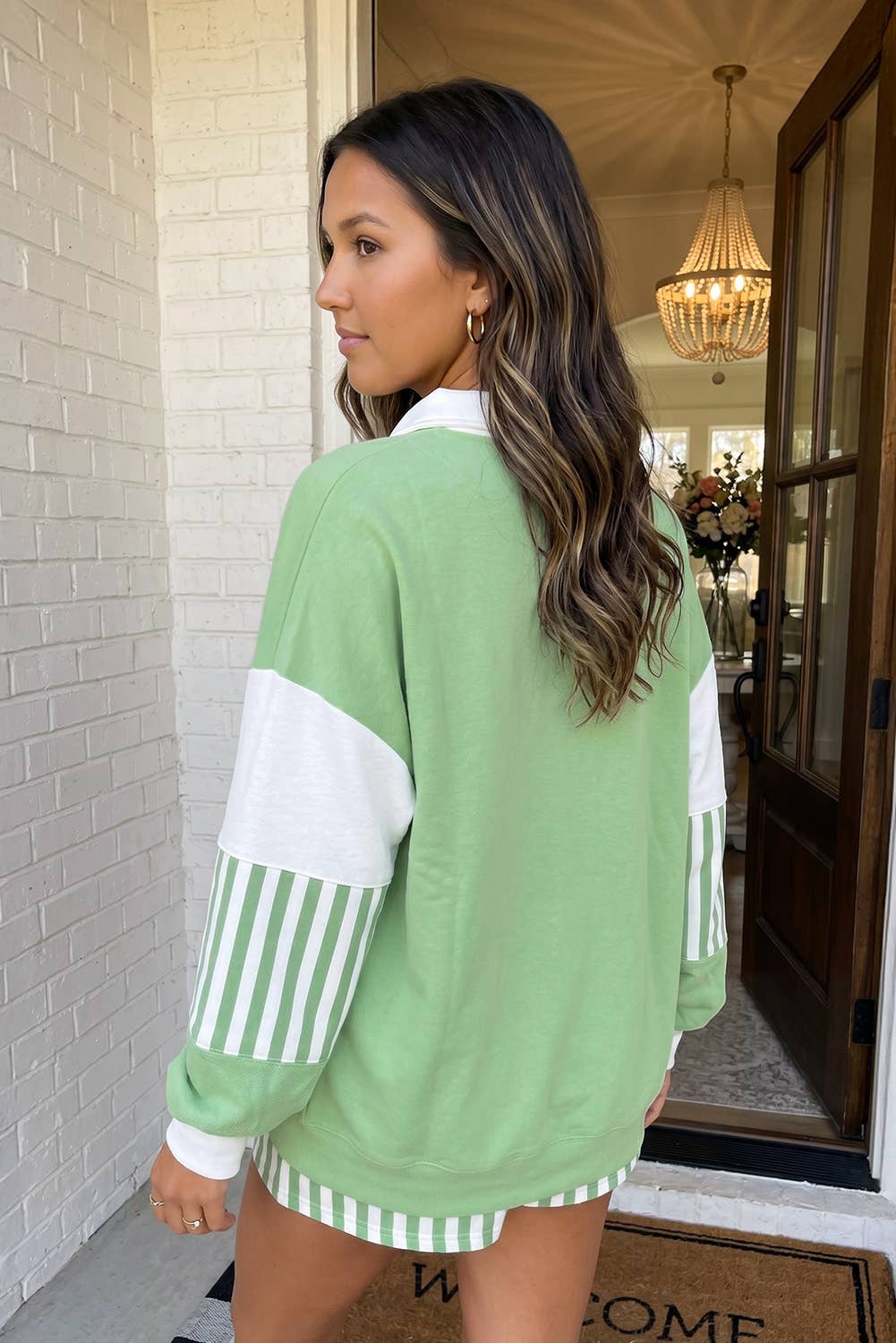 LAS Striped Colorblock Drawstring Shift Lounge Set Green