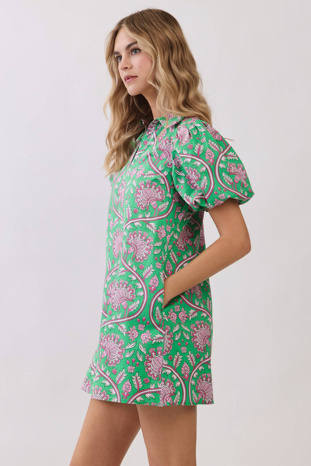 Paisley Print Puff Sleeve Mini Dress: Green