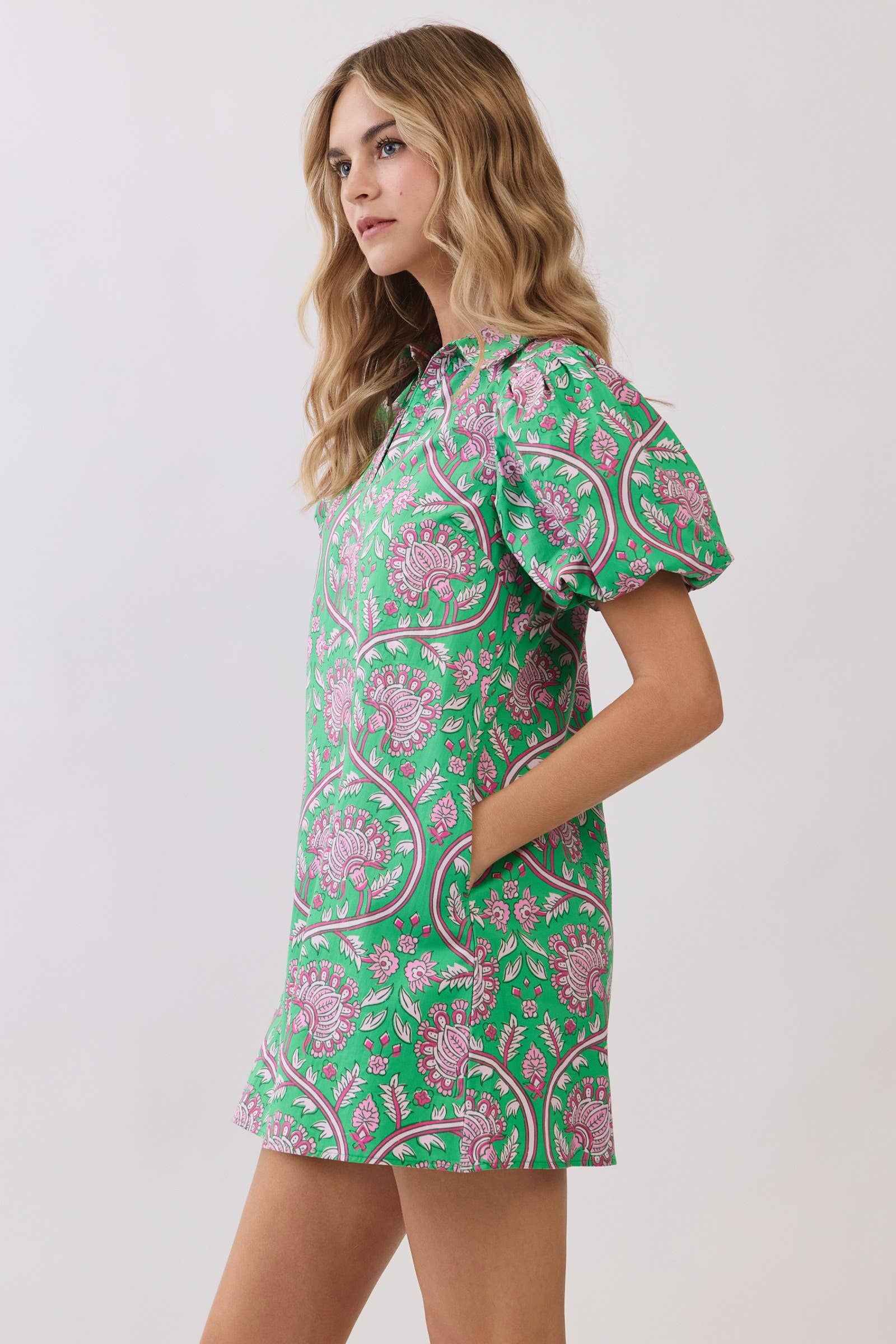Paisley Print Puff Sleeve Mini Dress: Green