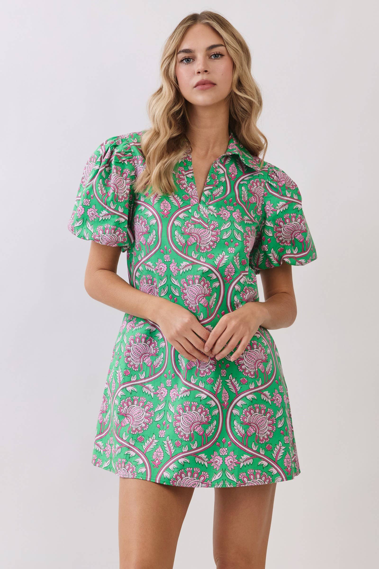 Paisley Print Puff Sleeve Mini Dress: Green